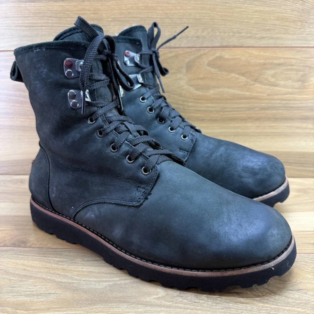 UGG Hannen Boots Mens 9.5 Black Nubuck Waterproof Lace Up Shearling Fur Lined